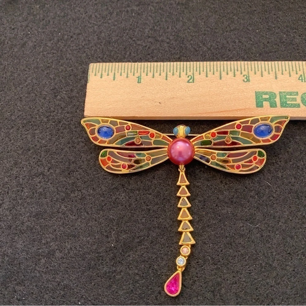 Joan Rivers Plique a Jour Articulated Dragonfly enamel  & rhinestone brooch